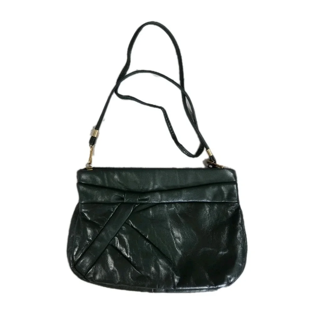 Vintage 1970s Dark Green Leather Clutch Shoulder Bag